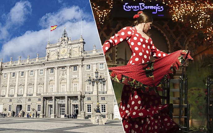 Royal Palace of Madrid and flamenco dancer in red dress.