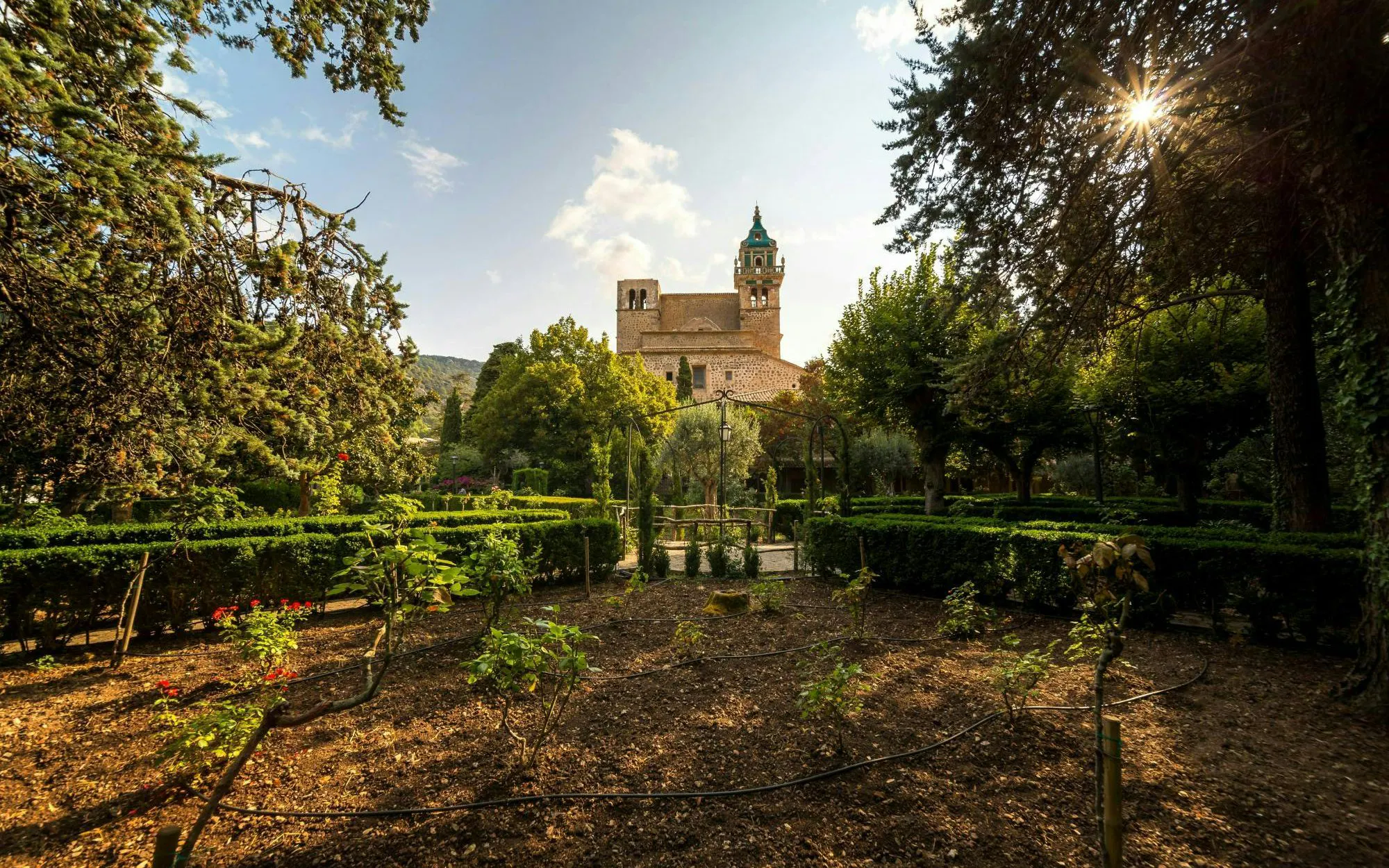 Valldemossa Charterhouse garden with historic architecture in the background.