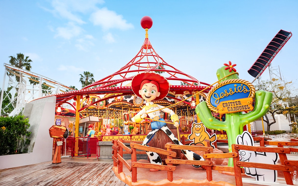 Jessie's Critter Carousel with Jessie figure at Disneyland Park, California.