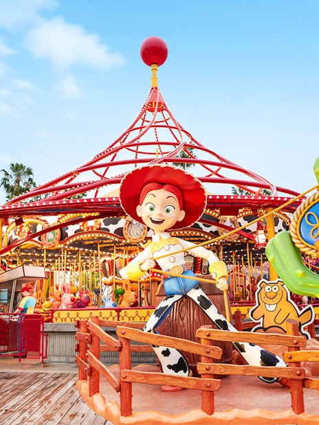 Jessie's Critter Carousel with Jessie figure at Disneyland Park, California.