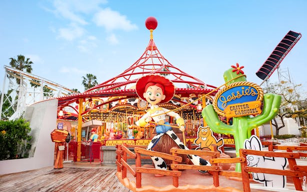 Jessie's Critter Carousel with Jessie figure at Disneyland Park, California.
