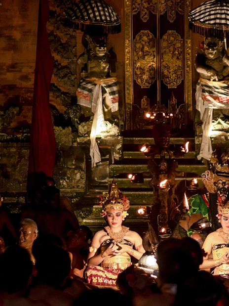 Kecak and Fire Dance performance at Ubud Peliatan Palace, Bali.
