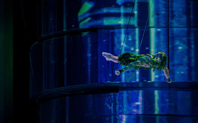Aerial performer suspended in mid-air during La Perle show, Dubai.