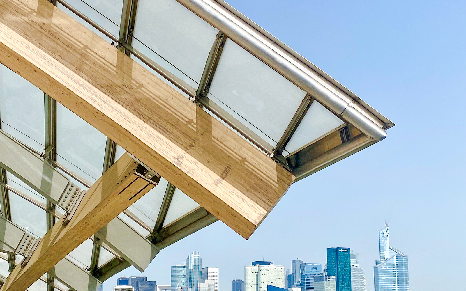 View from Louis Vuitton Foundation terrace, Paris, overlooking city skyline.