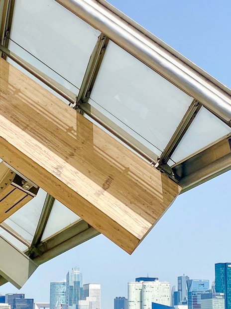 View from Louis Vuitton Foundation terrace, Paris, overlooking city skyline.