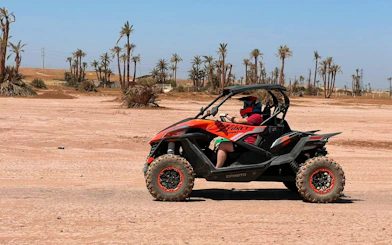 Buggy driving through Marrakech Palm Oasis desert landscape.