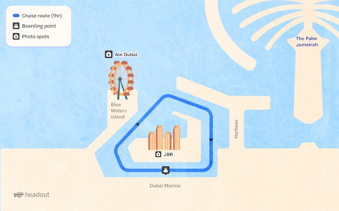 Cruise route map from Dubai Marina with stops at Ain Dubai and JBR, highlighting photo spots.