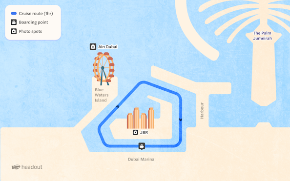 Cruise route map from Dubai Marina with stops at Ain Dubai and JBR, highlighting photo spots.