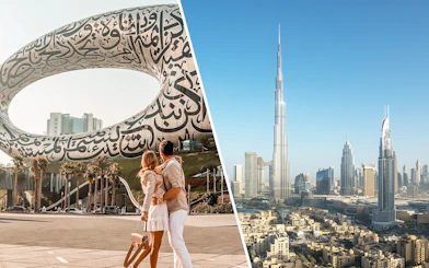 Couple admiring Museum of the Future with Burj Khalifa in Dubai skyline.