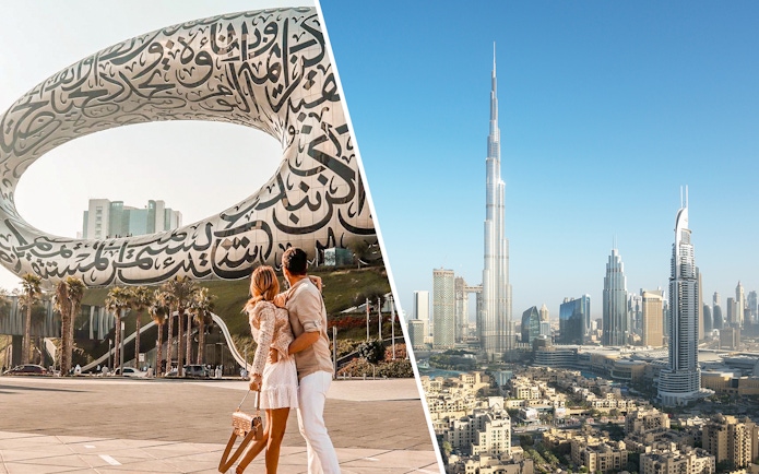 Couple admiring Museum of the Future with Burj Khalifa in Dubai skyline.