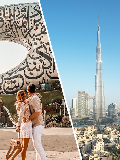 Couple admiring Museum of the Future with Burj Khalifa in Dubai skyline.