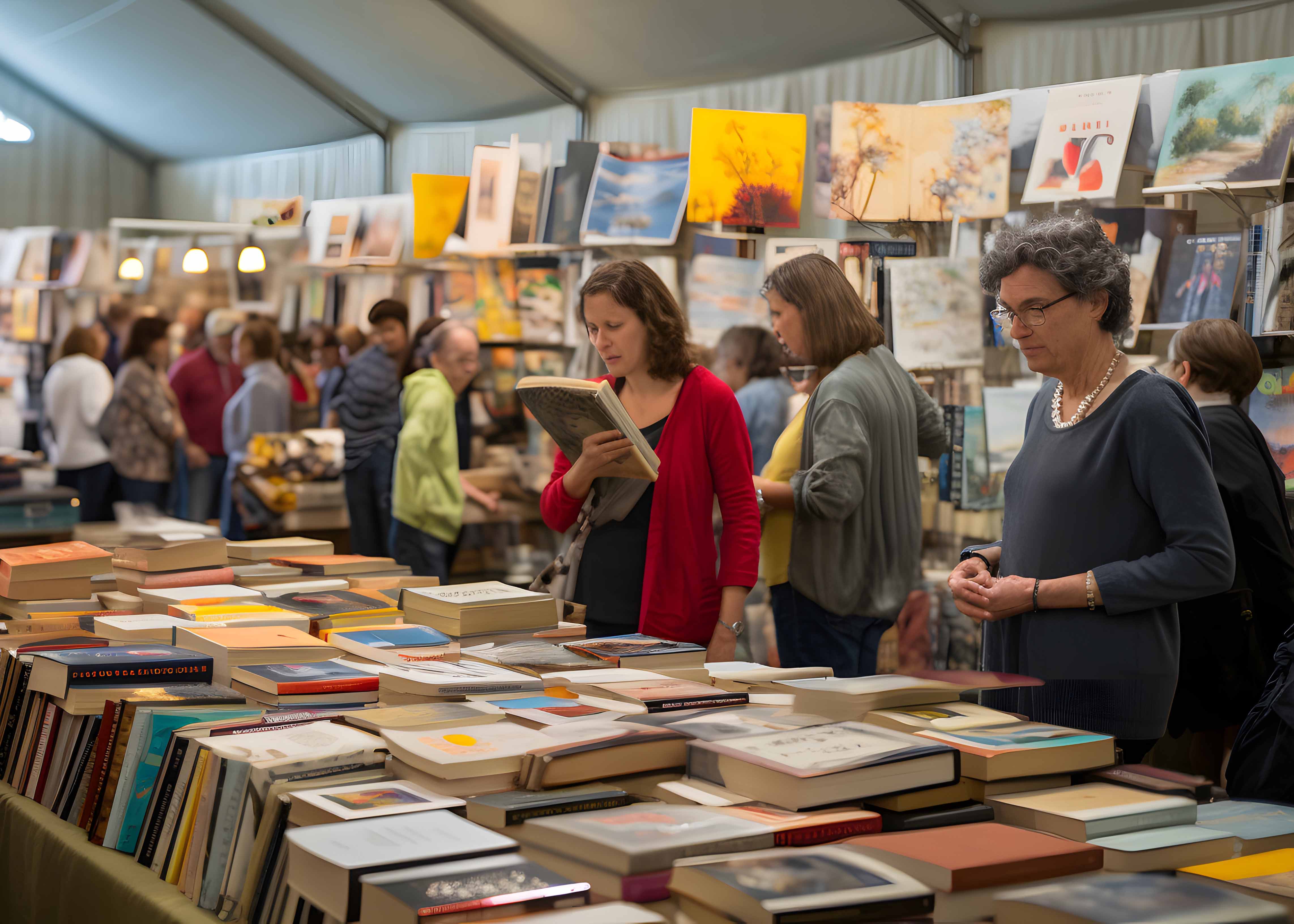 Visitors exploring exhibits at literature festival showcasing international publishers and literary works.
