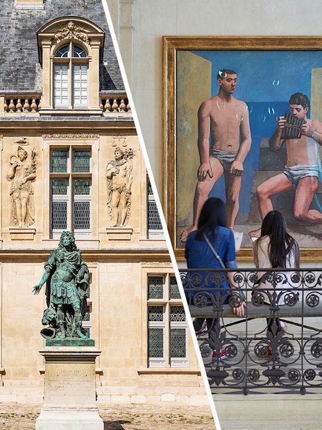 Carnavalet Museum courtyard statue and visitors viewing Picasso painting in Paris.