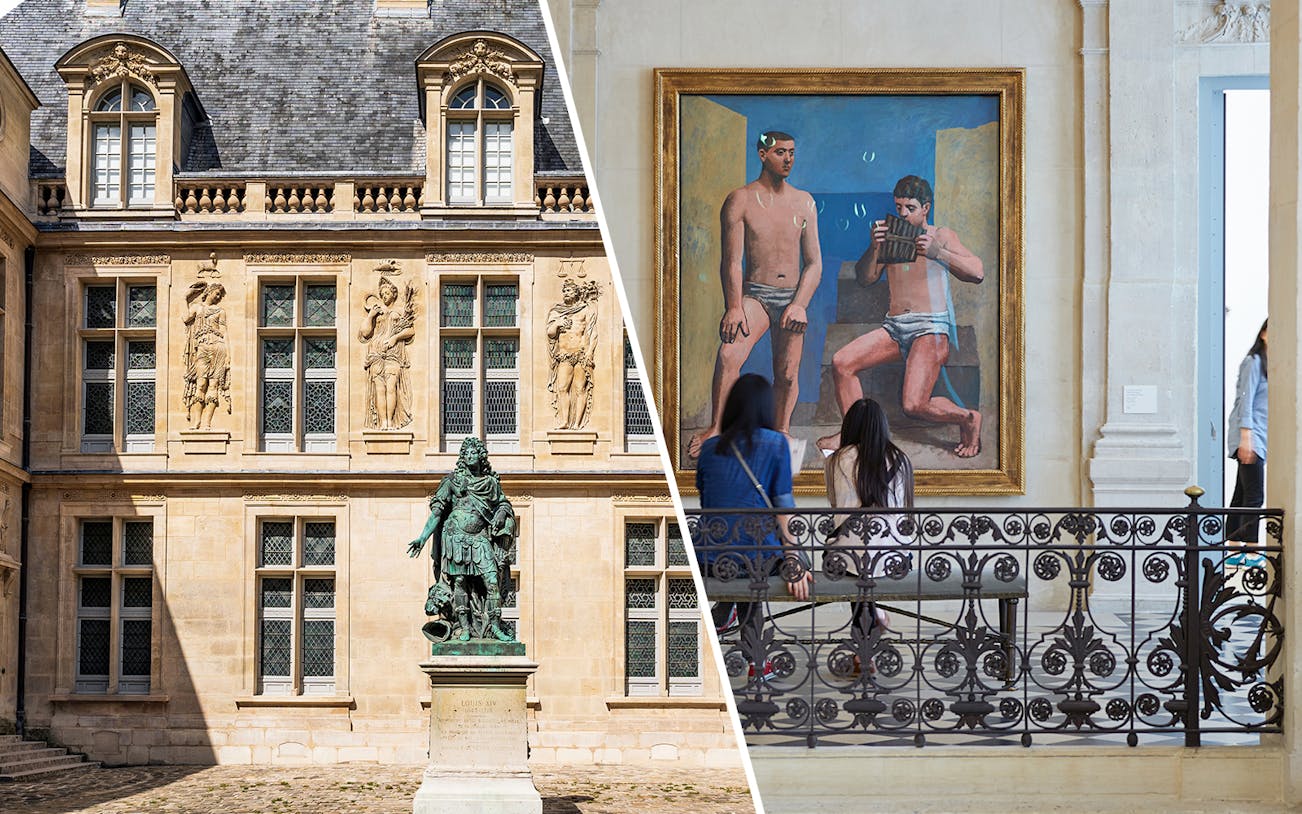 Carnavalet Museum courtyard statue and visitors viewing Picasso painting in Paris.