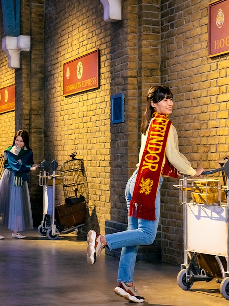 Visitors posing with luggage carts at Platform 9 3/4, Warner Bros. Studio Tour Tokyo.