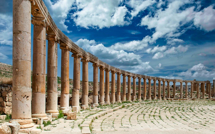 Ancient Roman columns at Jerash archaeological site in Jordan.