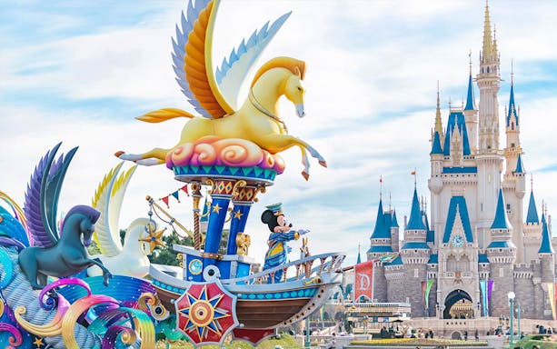 Mickey Mouse on a colorful float with Pegasus at Tokyo Disney Sea exhibit.