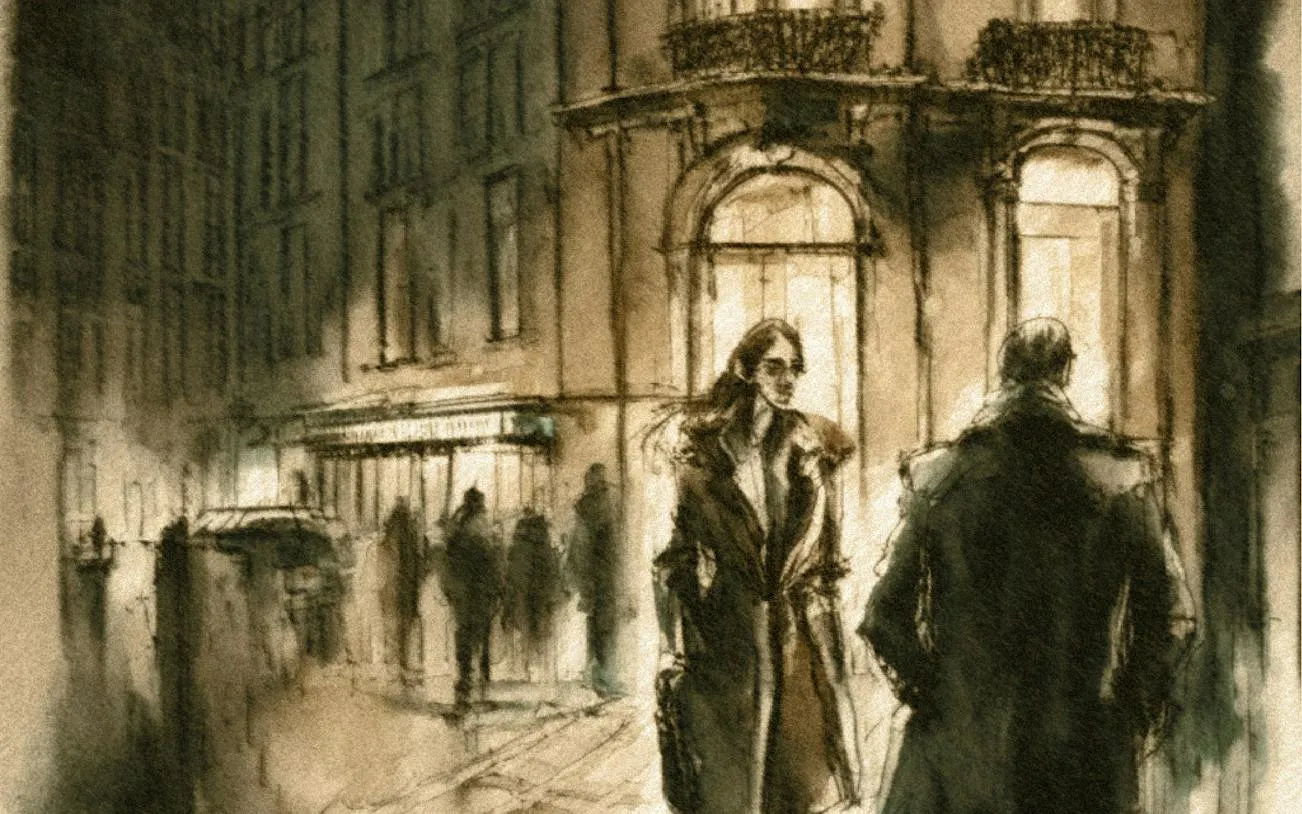 Copenhagen street scene with people in coats, part of the Royal District Conspiracy self-guided game.