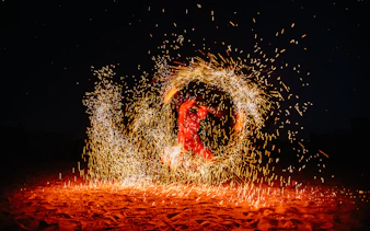 Performer spinning fire in a desert show, Dubai.