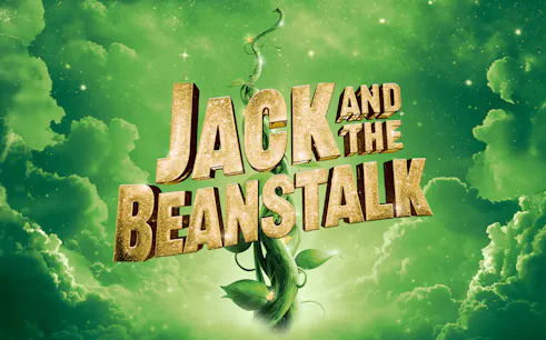 Jack and the Beanstalk title with a beanstalk against a green sky background.