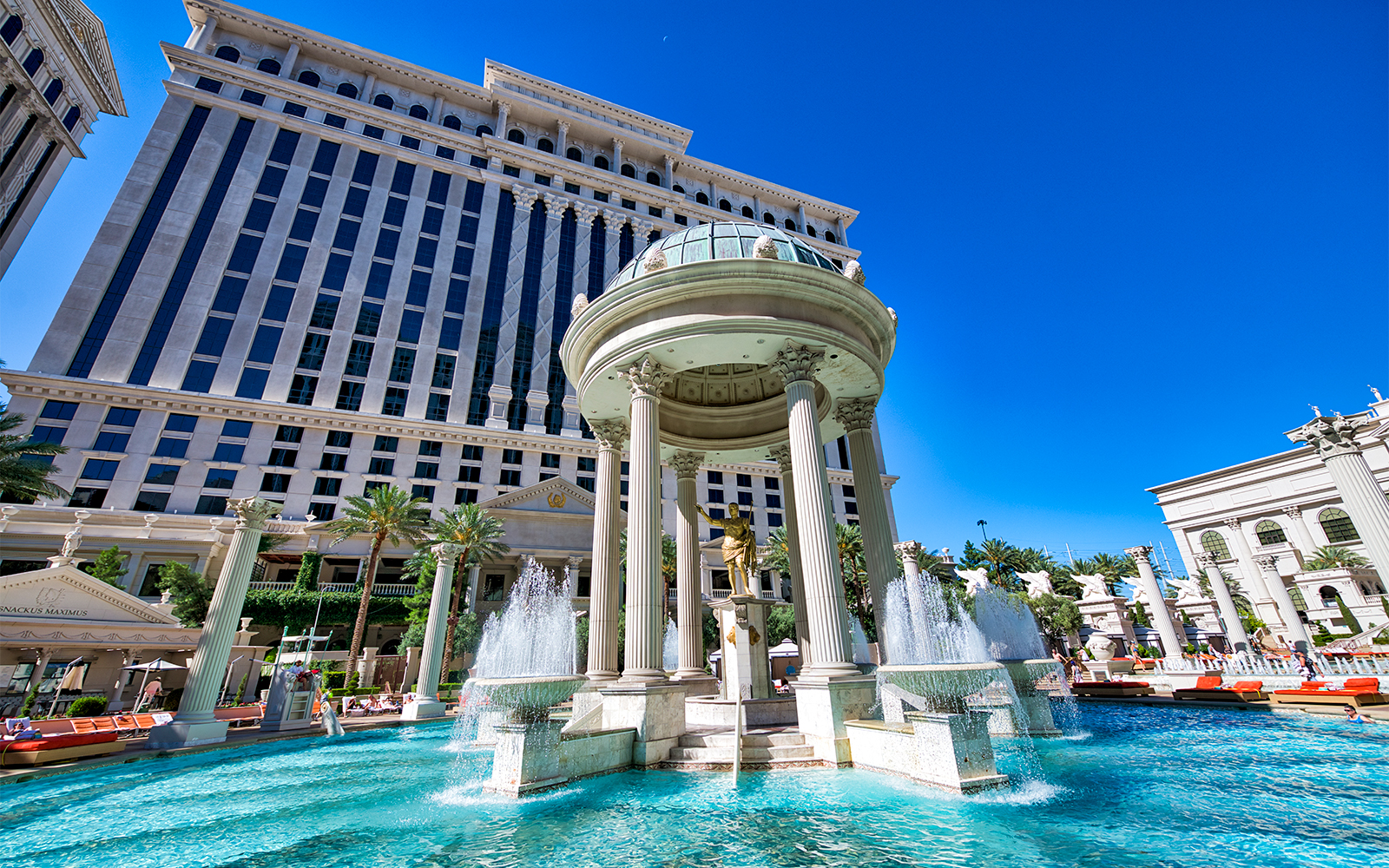 Fountain and columns at Caesars Palace, Las Vegas, viewed from Big Bus tour.