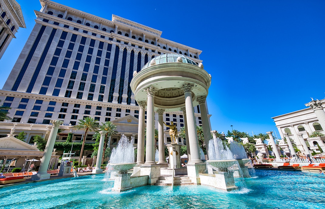 Fountain and columns at Caesars Palace, Las Vegas, viewed from Big Bus tour.