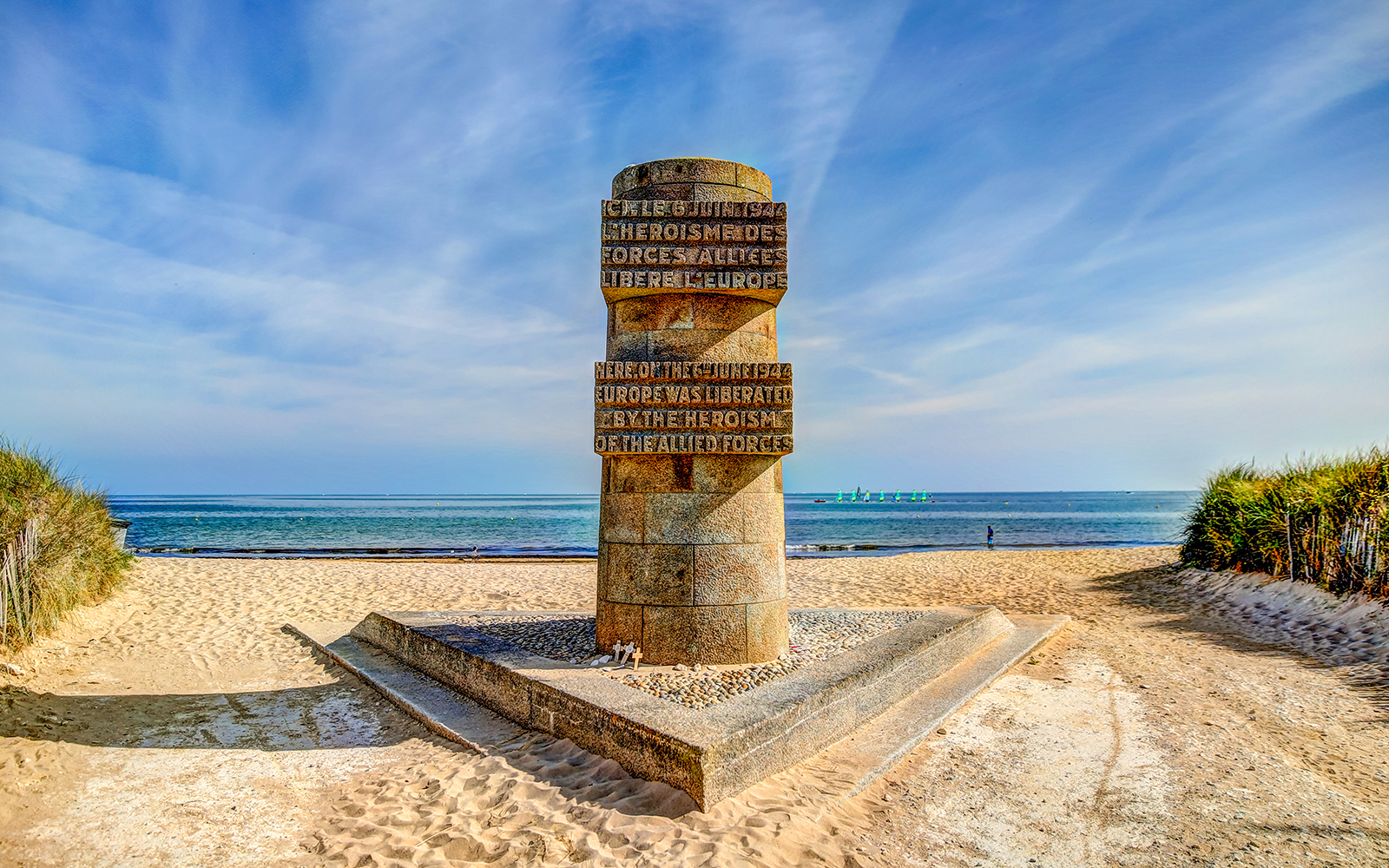 Normandy D-Day Juno Beach memorial with ocean view, France.