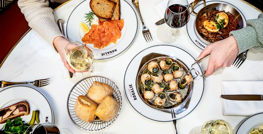 Lunch at Brasserie Rosalie with escargot, smoked salmon, and wine.