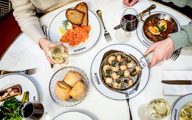 Lunch at Brasserie Rosalie with escargot, smoked salmon, and wine.