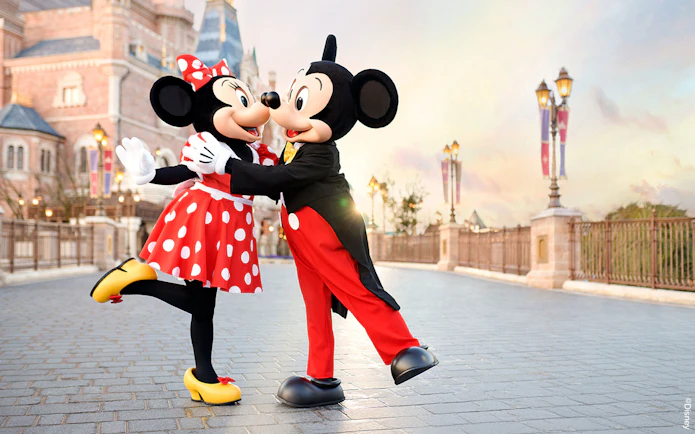Mickey and Minnie Mouse dancing at Shanghai Disney Resort.
