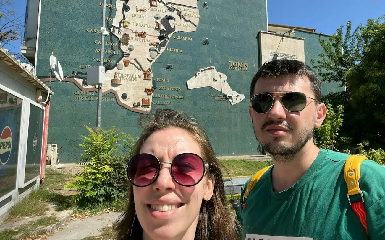 Map mural of ancient Tomis landmarks in Constanta, part of a self-guided city exploration game.
