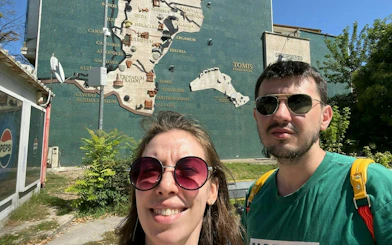 Map mural of ancient Tomis landmarks in Constanta, part of a self-guided city exploration game.