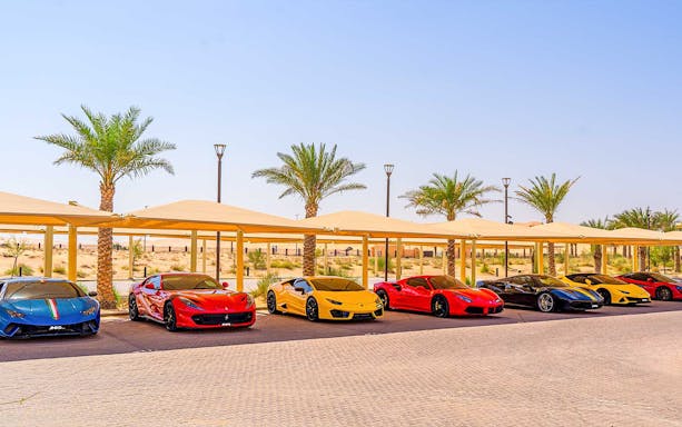 Supercars lined up under canopies in a desert setting, JNKD tour.