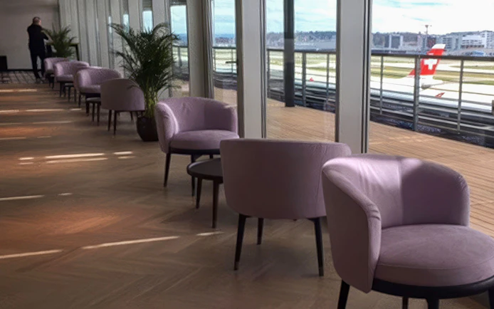 Aspire SKY Lounge seating area with airport view at Zurich Airport Terminal E.