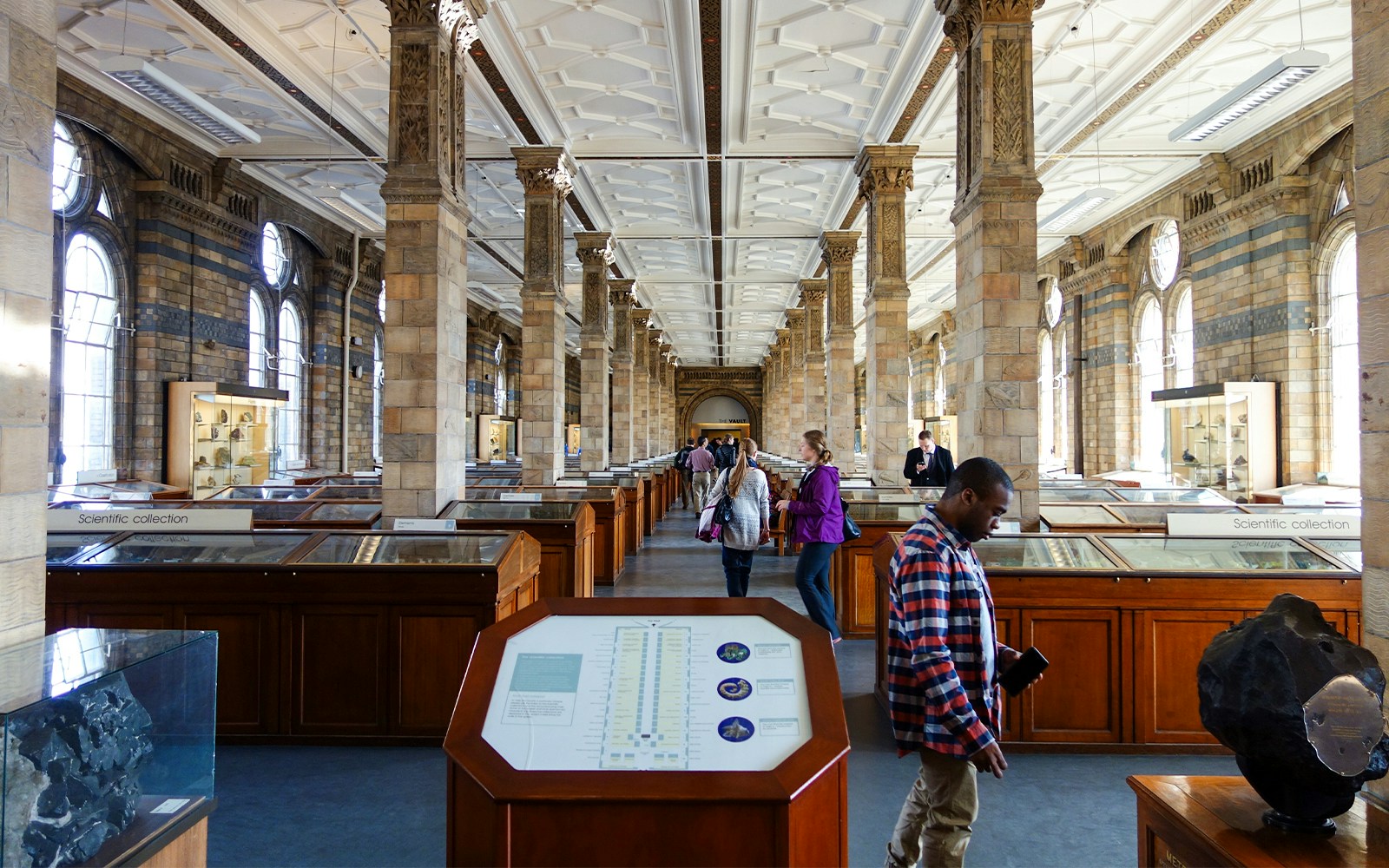 Guests exploring exhibits at the Natural History Museum's scientific collection hall.