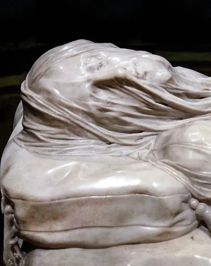 Veiled Christ marble sculpture detail in Naples, Italy.