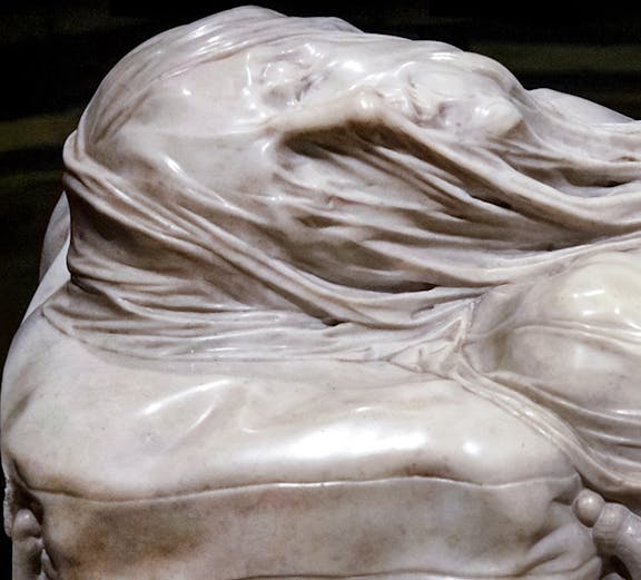 Veiled Christ marble sculpture detail in Naples, Italy.