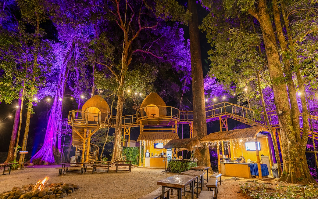 Treehouses and lit pathways at Dream Forest Langkawi's tree village.