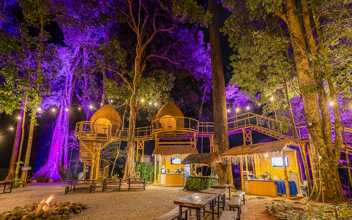Treehouses and lit pathways at Dream Forest Langkawi's tree village.