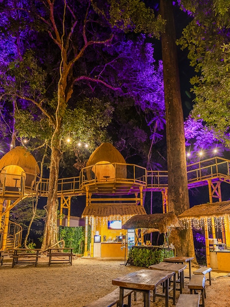 Treehouses and lit pathways at Dream Forest Langkawi's tree village.