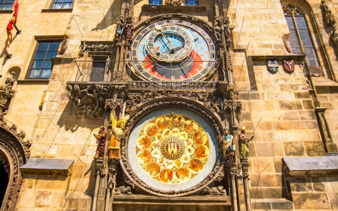 Prague Astronomical Clock with detailed zodiac signs and ornate sculptures.