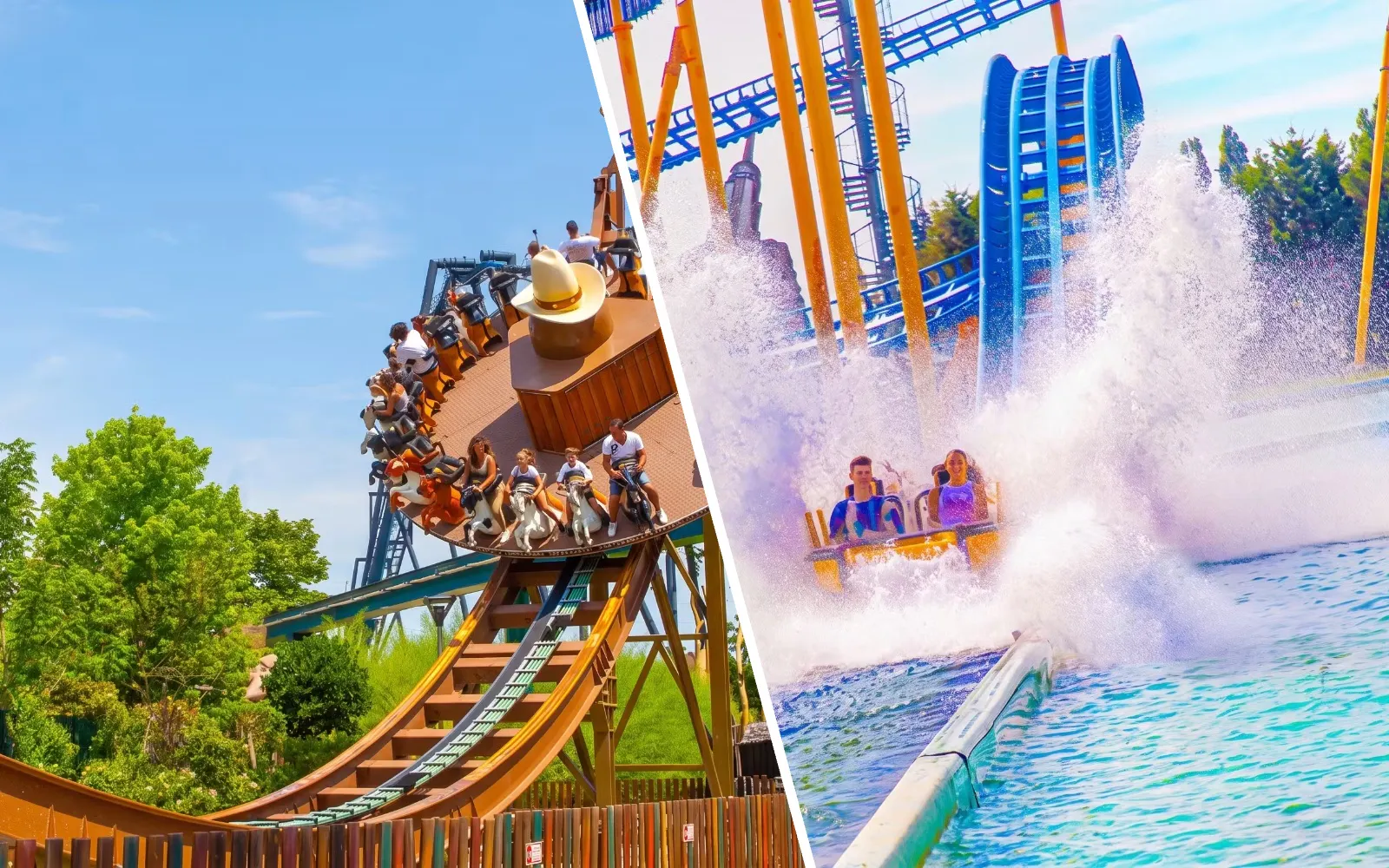Thrilling rides at Mirabilandia and Mirabeach with roller coaster and water splash.