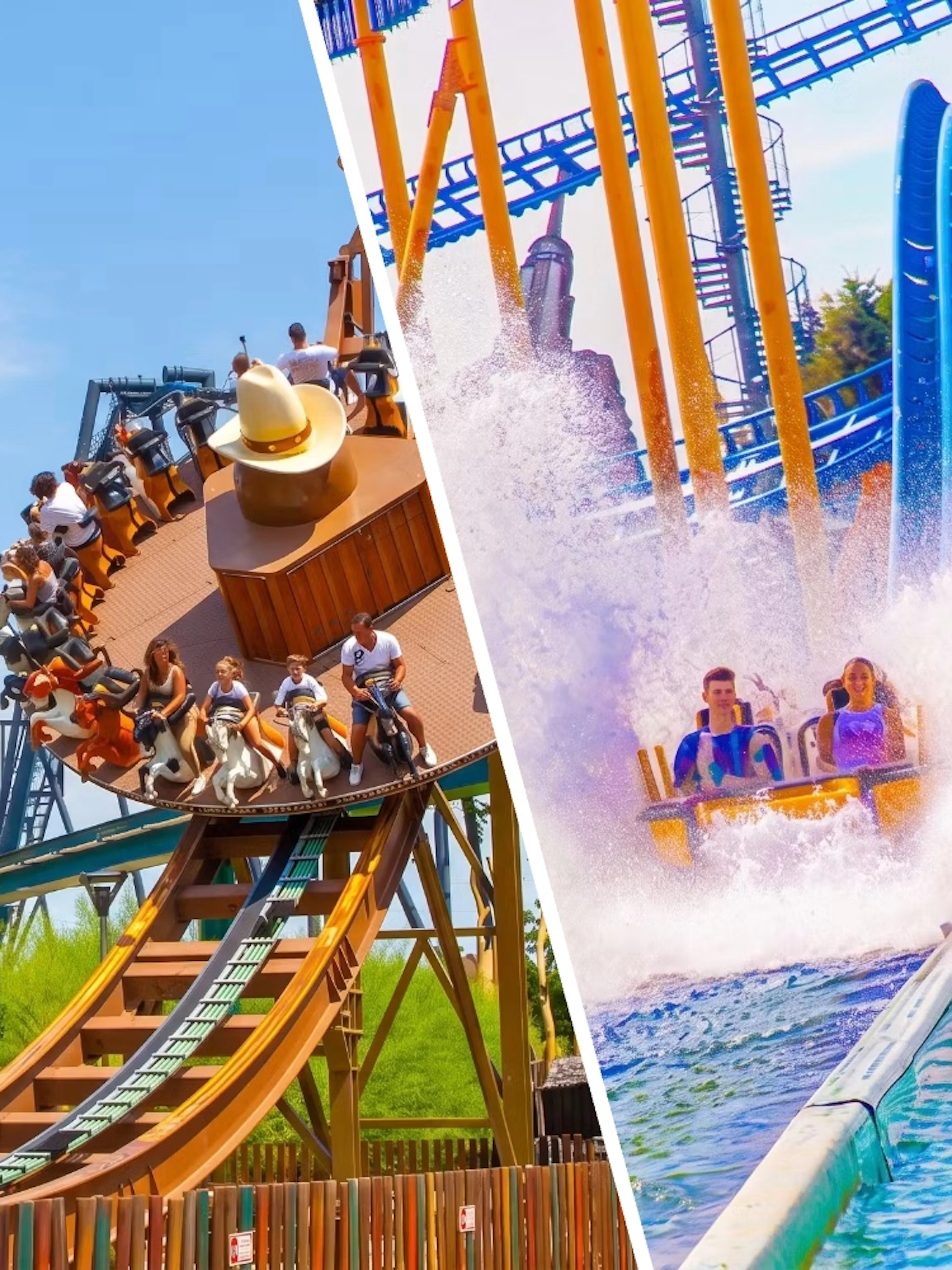 Thrilling rides at Mirabilandia and Mirabeach with roller coaster and water splash.