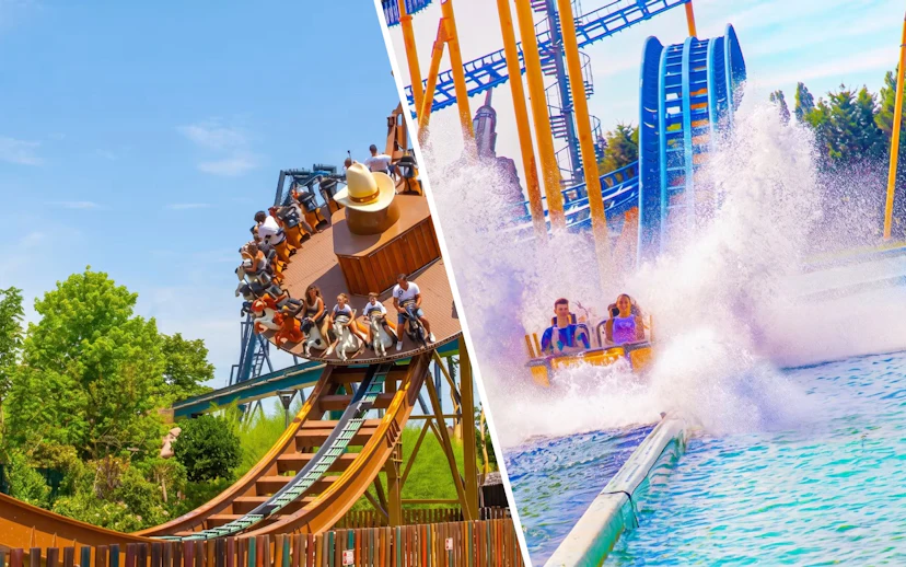 Thrilling rides at Mirabilandia and Mirabeach with roller coaster and water splash.