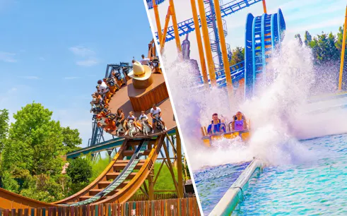 Thrilling rides at Mirabilandia and Mirabeach with roller coaster and water splash.