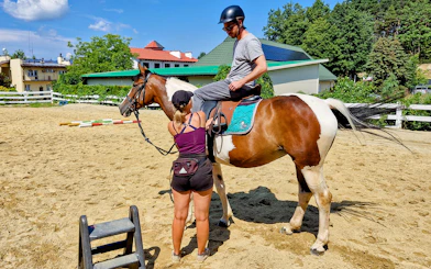 Horse riding lesson preparation in Krakow with a rider mounting a horse.