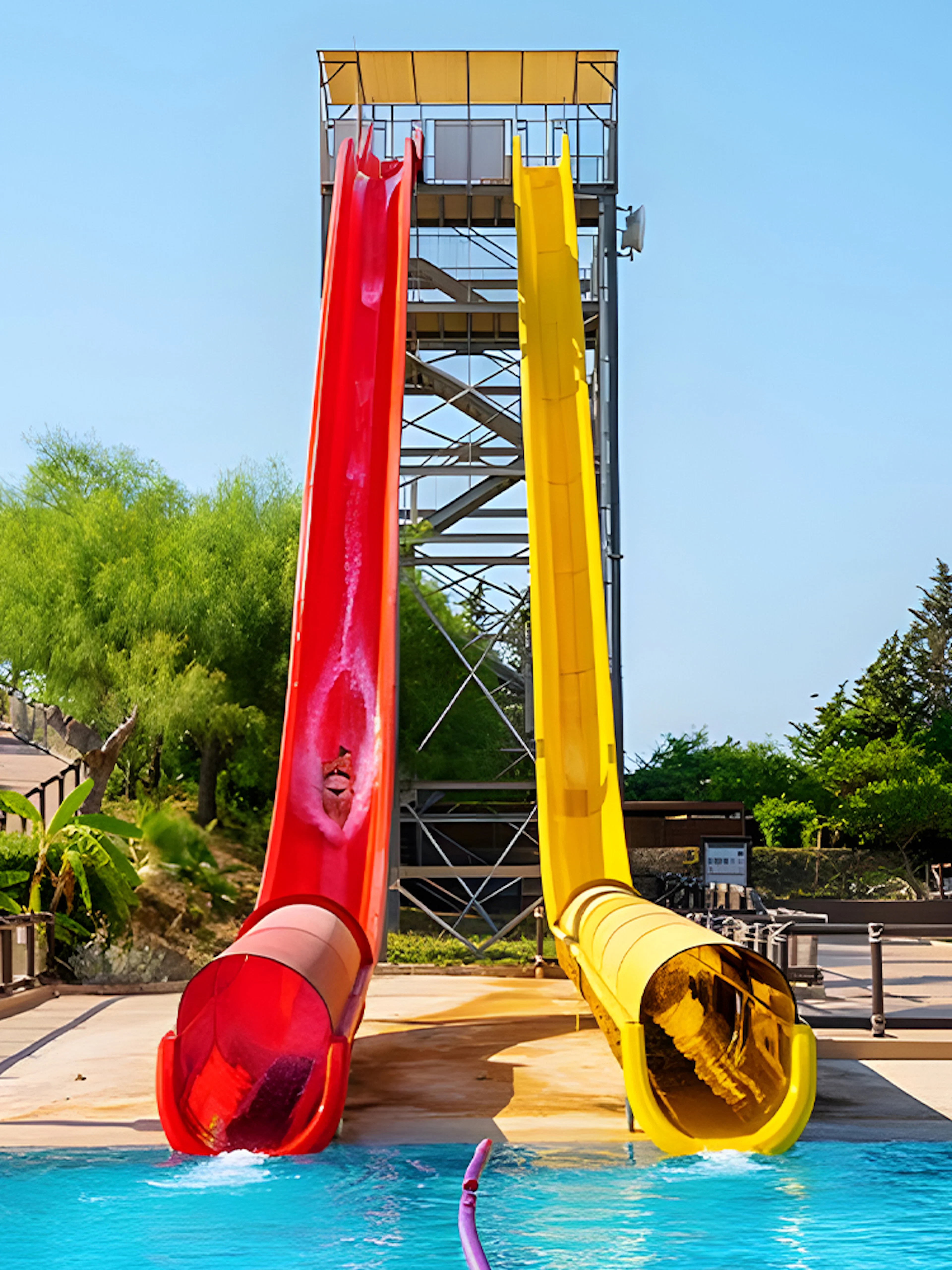 Kamikaze slide at Aquopolis Torrevieja with red and yellow slides leading into a pool.