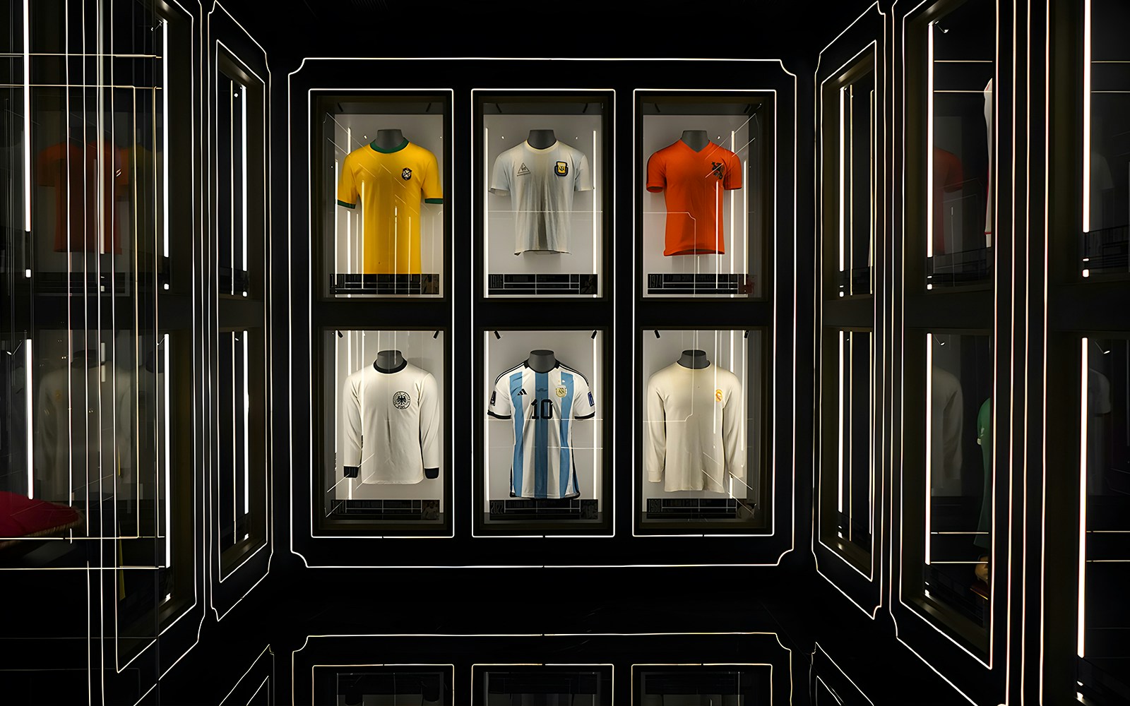 Football memorabilia display at Global Football - Legends Collection in Madrid.