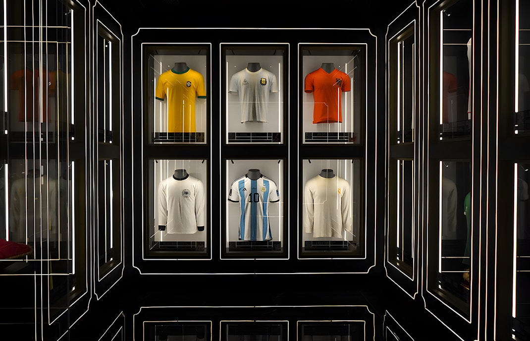Football memorabilia display at Global Football - Legends Collection in Madrid.