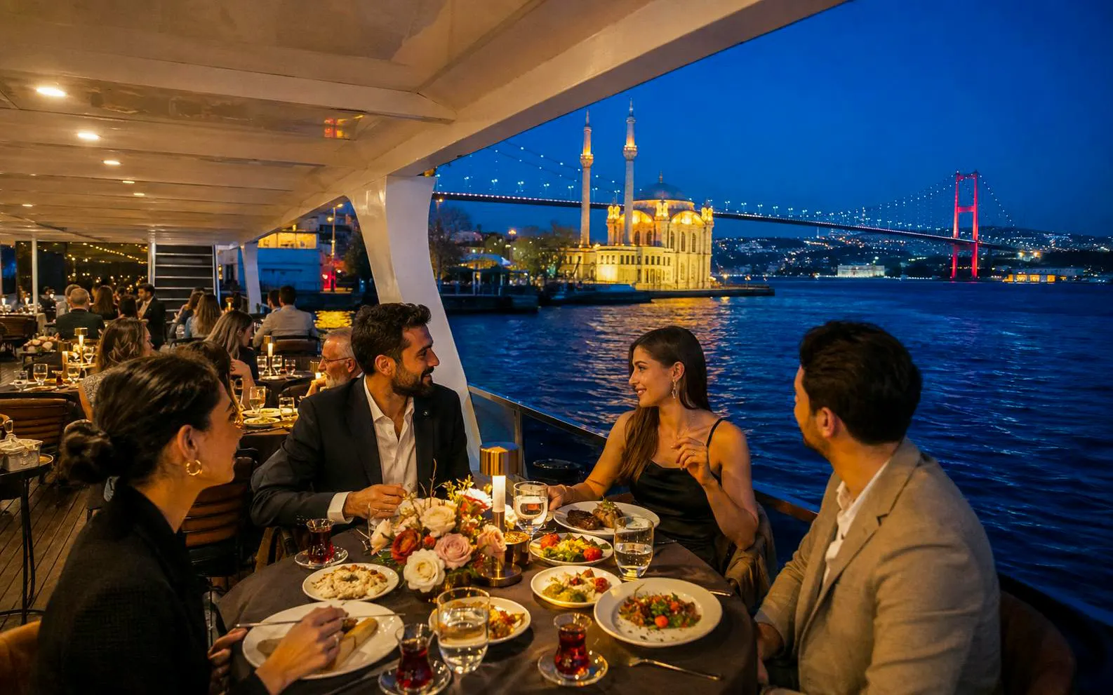 Dinner cruise on the Bosphorus with view of Ortaköy Mosque and Bosphorus Bridge, Istanbul.